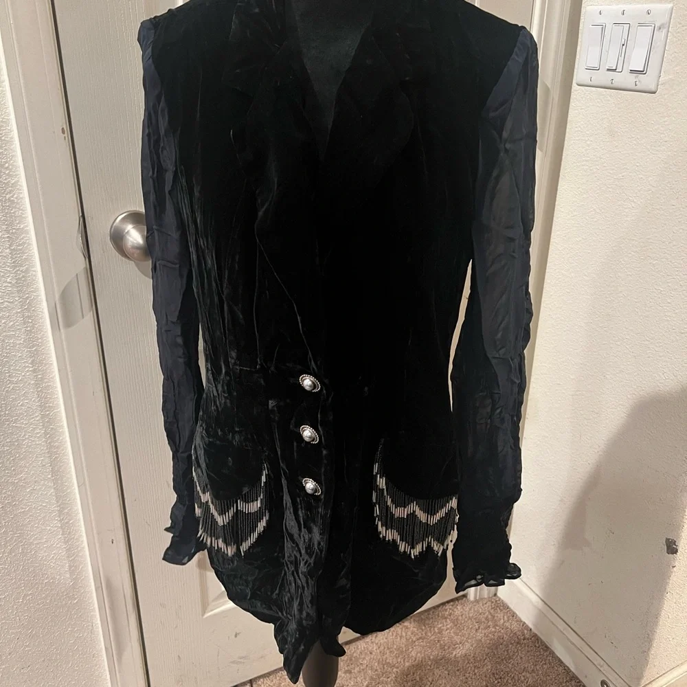 Vtg Dorothy Schoelen Black Velour‎ Beaded Tassels Sheer Sleeves Jacket